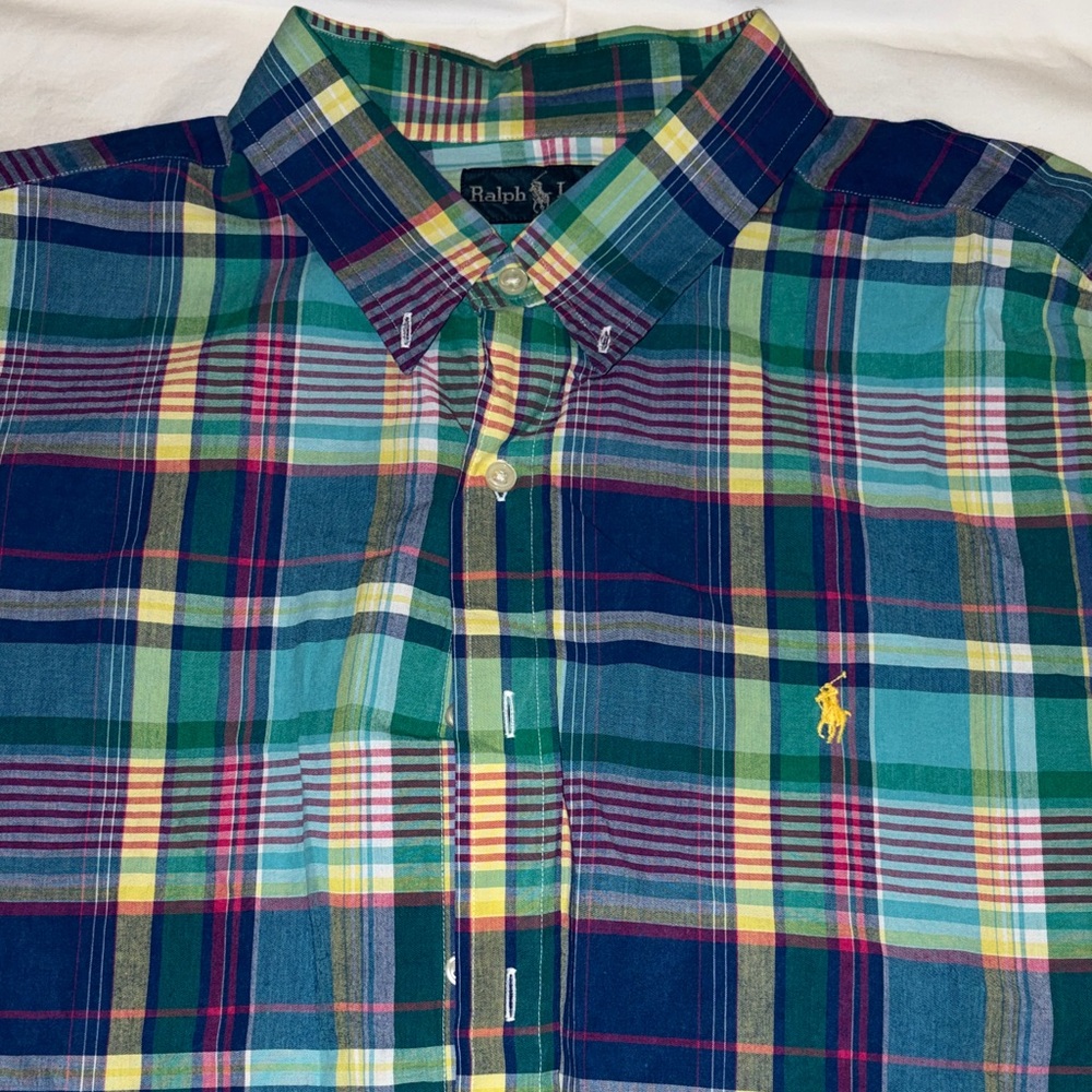 Ralph Lauren Men's Blue and Green Plaid Shirt